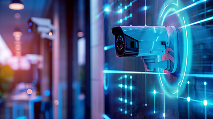  AI security camera mounted on the wall in front, surrounded by digital data streams and blue neon lights