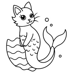 Cat Mermaid Coloring Page Isolated for Kids