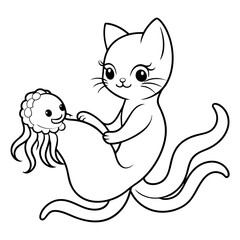Cat Mermaid Coloring Page Isolated for Kids