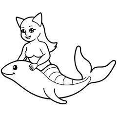 Cat Mermaid Coloring Page Isolated for Kids