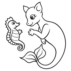 Cat Mermaid Coloring Page Isolated for Kids
