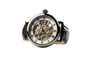 Elegant Wrist Watch with Leather Strap Isolated on Transparent Background