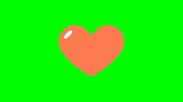 Red heart shape on a green. A heart that periodically increases and decreases in size. Оbject in the middle of the screen. 2d flat bright animation. Alpha channel. Chroma key. looping. Looped video