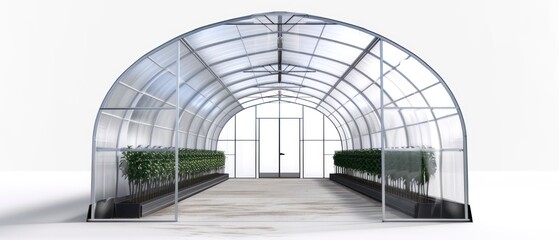 modern greenhouse structure with transparent panels, offering a controlled environment for plant growth and agricultural innovation.