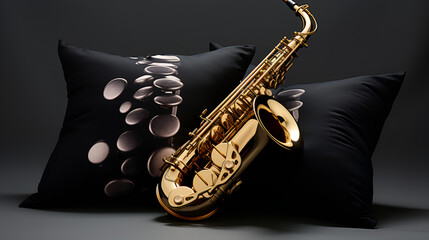Obraz premium A saxophone and two pillows on a black background - a musical instrument and cozy accessories.