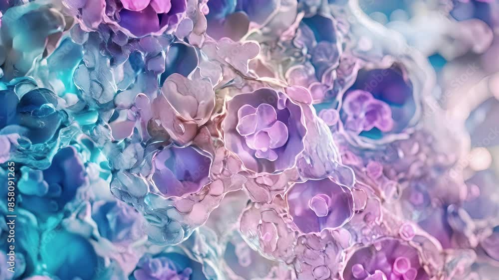 Poster a slide animation of thyroid cells stained with a special dye highlighting their rich granular conte