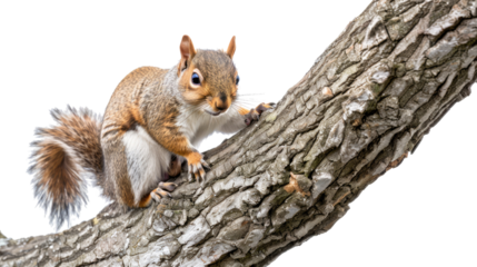 Photograph of a mischievous squirrel hiding nuts in a tree, its bushy tail curled up, isolated on a transparent background.
