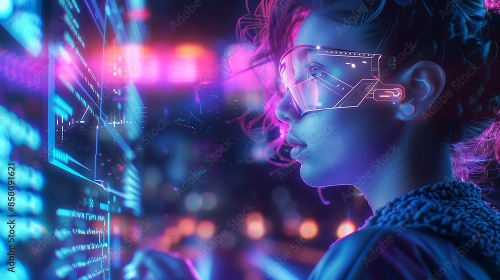 Poster young woman in futuristic glasses is working on an advanced computer with holographic data and graph