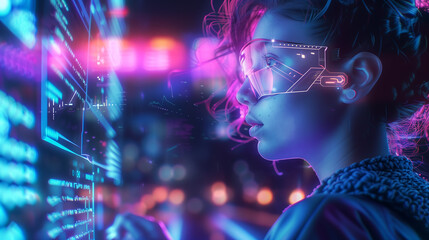 young woman in futuristic glasses is working on an advanced computer with holographic data and graphs floating around her, surrounded by neon lights