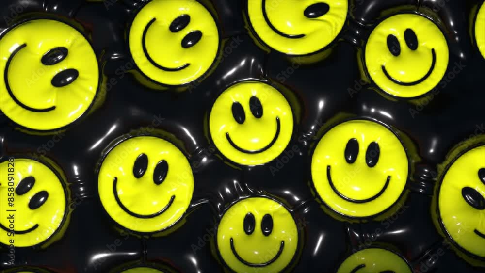 Poster 3d animation of yellow smiley faces inflating and floating on a dark, glossy surface