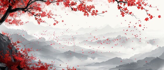 romantic, serene landscape featuring two figures walking amidst vibrant red autumn trees and a traditional pagoda in the background.