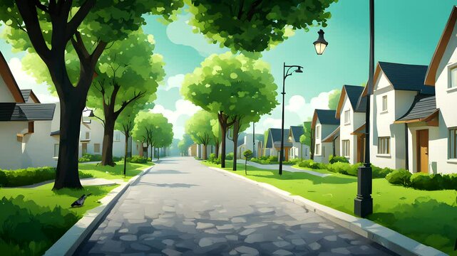 Animation A residential scene, a clean street with street lights beside the street of some houses there, Seamless looping 4k time-lapse animation video background
