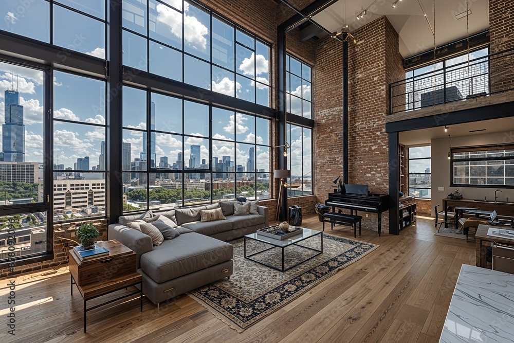 Wall mural a living room filled with furniture and large windows