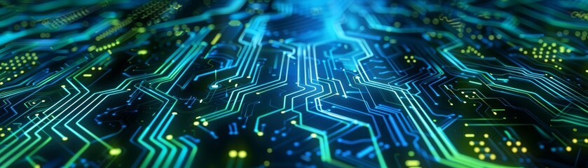 Obraz premium Futuristic electronic circuit, 2D abstract illustration, technology background, neon blue and green, intricate design, high contrast, glowing effects, modern theme, sharp focus