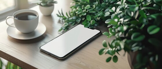 minimalistic workspace with a smartphone, coffee cup, and a plant on a wooden desk, creating a calm, productive atmosphere.