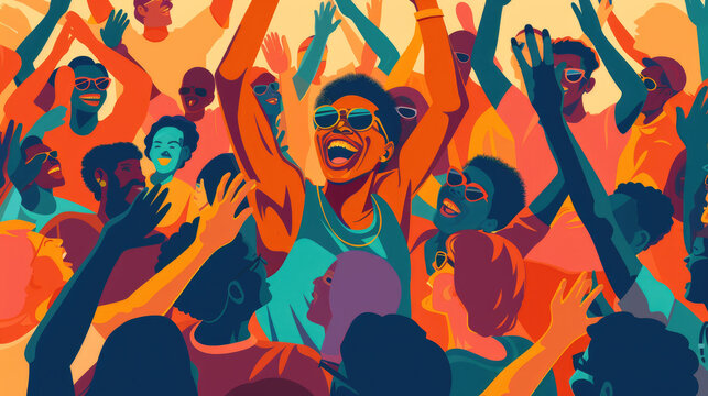 A vibrant illustration of a group of friends dancing and celebrating together at a concert
