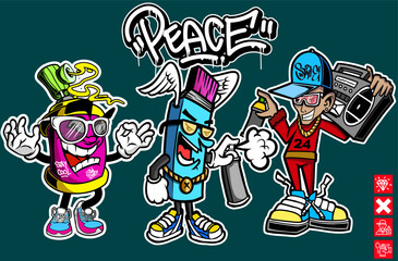 Set of graffiti character illustrations. Graffiti cartoon vector illustrations