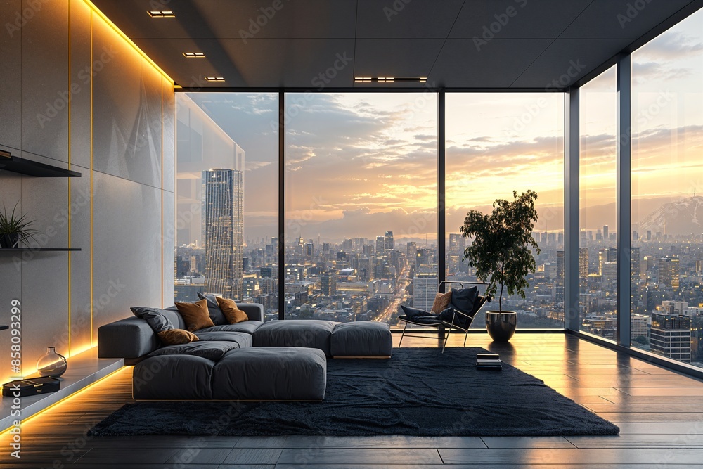 Wall mural a living room filled with furniture and a large window