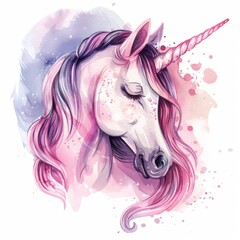 A watercolor illustration featuring an adorable pink unicorn with a colorful mane, perfect for...