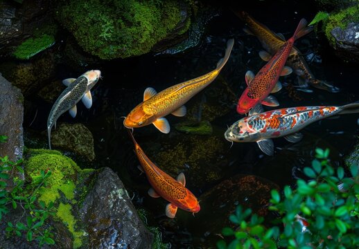 Koi fishes swimming in a koi fishpond, scenic view, peaceful state, created with AI