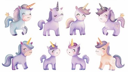 A set of eight purple charming watercolor unicorns. Perfect for birthday cards, weddings, invitations, templates, children's parties, greetings, logos, wallpapers and more.