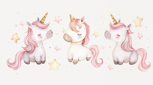 A set of three adorable watercolor unicorns. Ideal for birthday cards, weddings, invitations, templates, children's parties, greetings, logos, wallpapers, and more.