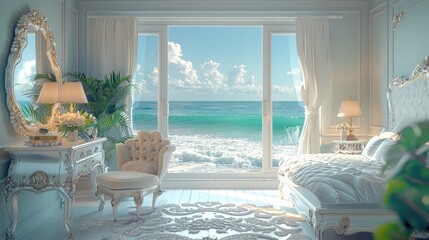 The luxury bedroom by the beach has a white dressing table. Generative AI.