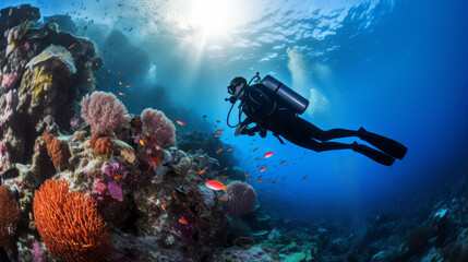 Scuba diving on a tropical coral reef with fish and sunlight.