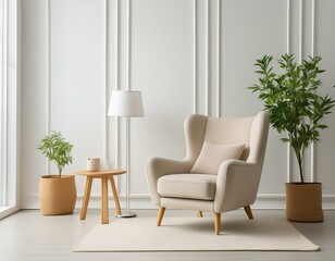 Interior of a bright living room with armchair on empty white wall background.