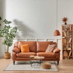 Interior living room wall mockup with leather sofa and decor on white background.