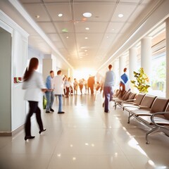 Hospital hallway, reception clinic. Unfocused background.