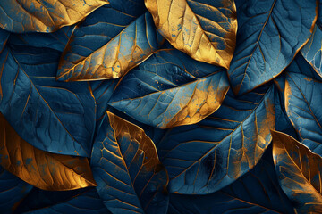 A close up of leaves with gold and blue colors