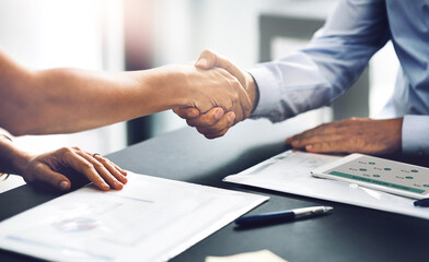 Handshake, closeup or business people in contract agreement for collaboration, B2B partnership or...
