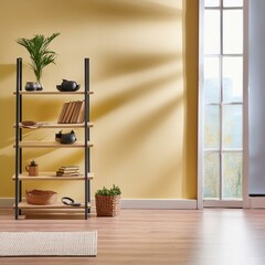 Shelf mockup in modern empty room,dark yellow wall.