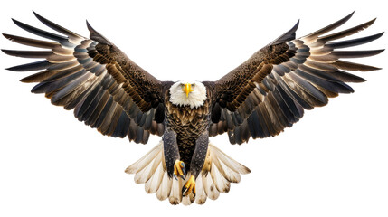 Fototapeta premium Photograph of a majestic bald eagle with its head held high, its wings outstretched, set on a transparent backdrop.
