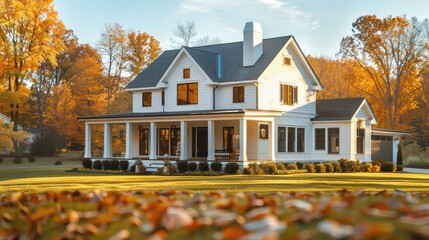 Modern farmhouse home exterior with white walls and roof shingles on top, sunny autumn day. Generative AI.