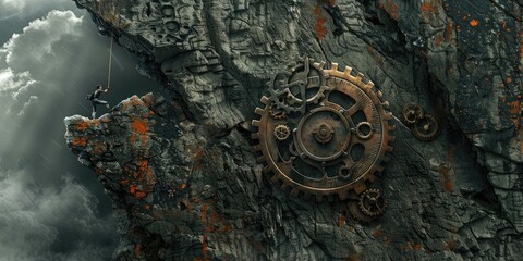 Steampunk Rock Climber on Mechanical Cliff