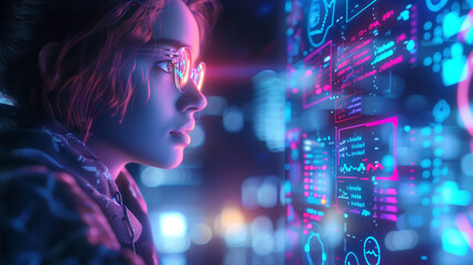 young woman wearing glasses is looking at an interactive digital screen displaying various data points and graphs, surrounded by glowing neon lights
