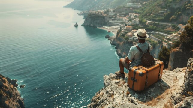 Traveler sitting on cliff edge with suitcase Travel lifestyle, adventure, outdoor summer vacation, mountains, hotels, aerial view. - Powered by Adobe