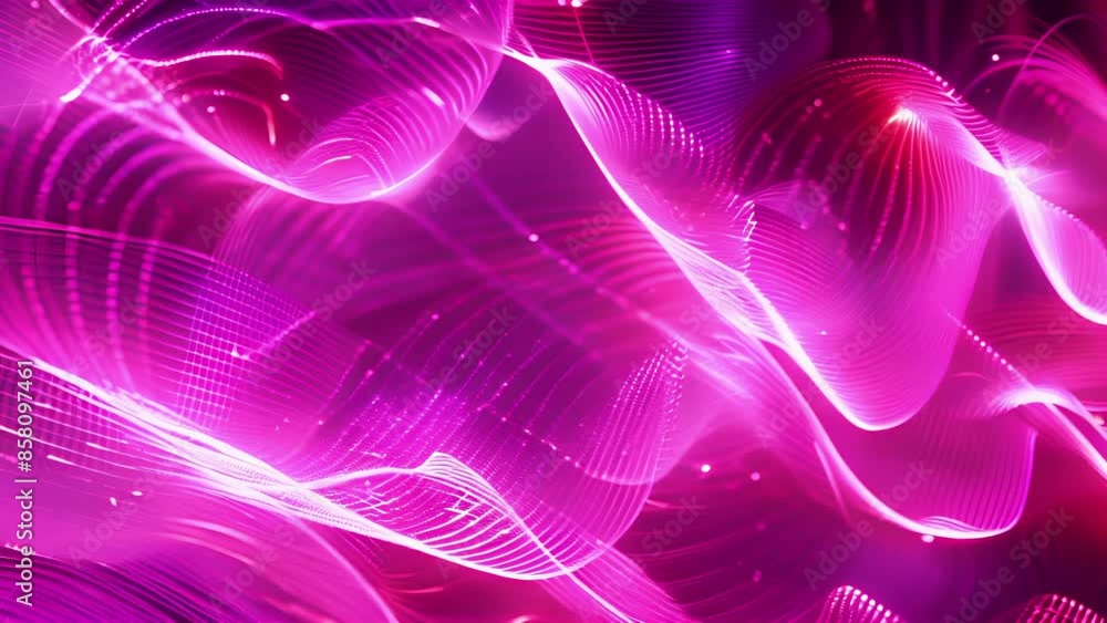 Poster sinuous curves of vibrant pink and purple neon light forming an intricate pattern with flickering sp