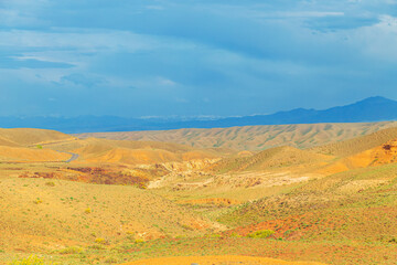 Dried Kazakhstan steppe against the backdrop of mountains.