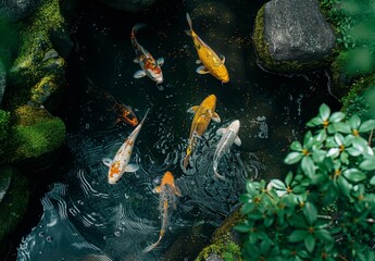 Fototapeta premium Koi fishes swimming in a koi fishpond, scenic view, peaceful state, created with AI