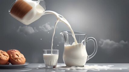 a milk being poured out from the pitcher on the glass table surface, best quality, cloudy gray background, digital HD art, highly detailed, concept art, ultra realistic digital illustration