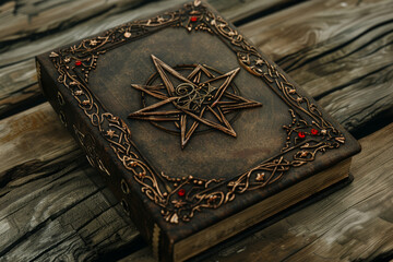 A leather bound book with a gold star on the cover