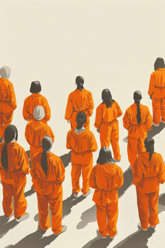 A group of people in orange jumpsuits stand in a line