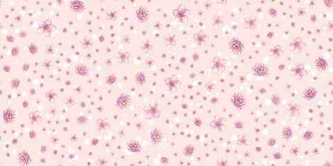 Seamless pattern pink flower, peony, ranunculus, cherry blossom, delicate petals, single element, clip art, freehand watercolor drawing