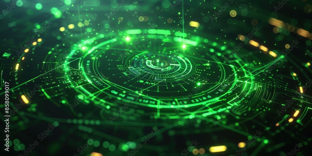 Poster abstract green digital interface with glowing lines and circles