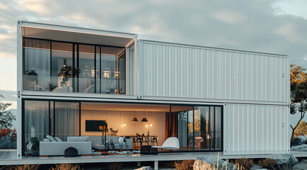 A white container house, long focal length, static composition, metallic texture, modern. Generative AI.
