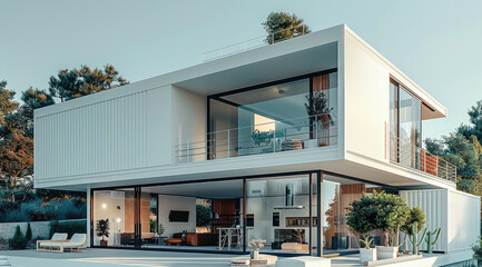 A white container house, long focal length, static composition, metallic texture, modern. Generative AI.