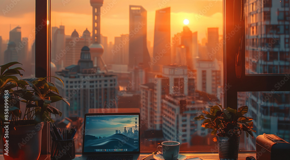 Poster an open laptop on a desk, with coffee and stationery beside it. the large window overlooks buildings